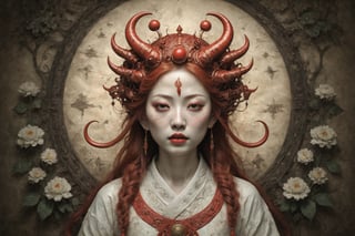 symmetrical portrait of surreal abandoned sculpture of white japanese female stunning sensual Tengu (with a splashing coloration of Alberto Seveso and Basil Gogos), ((Wild crazy long fire red hair)), dream - like heavy mysterious atmosphere,in an abandoned japanese overgrown shrine, perfect composition,beautiful detailed intricate insanely detailed octane,unreal engine 5,8k artistic photography,photo realistic,soft natural volumetric cinematic perfect light,chiaroscuro,award - winning photography, (((tsutomu nihei, Bastien Lecouffe Deharme,  iris van herpen and Ayami Kojima))), art forms of nature by ernst haeckel,  art nouveau,  symbolist,  Kinetic Art,  visionary,  gothic,  (((ancient japanese mythical being, Tengu with horns:1.4))),  neo - gothic,  pre - raphaelite,  fractal lace, intricate mythical botanical,  ai biodiversity,  surrealism,  hyper detailed ultra sharp octane render,  (Audrey Kawasaki,  Anna Dittmann:1.4),  known for their captivating and atmospheric pieces. The overall effect of the image is ethereal,  as if the woman is enveloped in glowing stardust created expertly by artist W. Zelmer. The image is of exceptional quality,  showcasing the fine details and masterful blending of colors, folklore, ,on parchment, Chinese Ghost Story, 