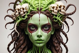 detailed realistic beautiful porcelain skull goddess portrait (neon green radioactive braided hair), (((dark brown skin))), by tsutomu nihei, peter gric, iris van herpen and wangechi Mutu, art forms of nature by ernst haeckel, art nouveau, symbolist, Kinetic Art, visionary, gothic, ((ghoul)), neo - gothic, pre - raphaelite, fractal lace, intricate alien botanicals, ai biodiversity, surreality, hyperdetailed ultrasharp octane render, (Audrey Kawasaki, Anna Dittmann), known for their captivating and atmospheric pieces. The overall effect of the image is ethereal, as if the woman is enveloped in glowing stardust, created expertly by artist W. Zelmer. The image is of exceptional quality, showcasing the fine details and masterful blending of colors, ((dripping blood, bones, crackling skin, Skulls)), ectoplasm, more skulls:1.4
