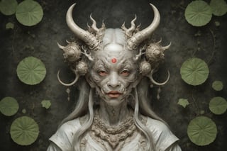 symmetrical portrait of surreal abandoned sculpture of white japanese female stunning sensual Tengu (with a splashing coloration of Alberto Seveso and Basil Gogos), ((Wild crazy long white hair)), dream - like heavy mysterious atmosphere,in an abandoned japanese overgrown shrine, perfect composition,beautiful detailed intricate insanely detailed octane,unreal engine 5,8k artistic photography,photo realistic,soft natural volumetric cinematic perfect light,chiaroscuro,award - winning photography, ((tsutomu nihei, Bastien Lecouffe Deharme,  iris van herpen and wangechi Mutu)), art forms of nature by ernst haeckel,  art nouveau,  symbolist,  Kinetic Art,  visionary,  gothic,  (((ancient japanese mythical being, Tengu with horns:1.4))),  neo - gothic,  pre - raphaelite,  fractal lace, intricate mythical botanical,  ai biodiversity,  surrealism,  hyper detailed ultra sharp octane render,  (Audrey Kawasaki,  Anna Dittmann:1.4),  known for their captivating and atmospheric pieces. The overall effect of the image is ethereal,  as if the woman is enveloped in glowing stardust created expertly by artist W. Zelmer. The image is of exceptional quality,  showcasing the fine details and masterful blending of colors, folklore, ,on parchment