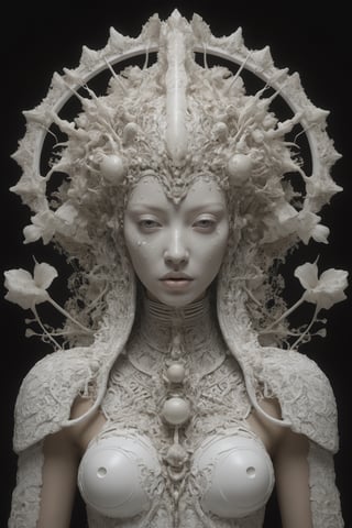 symmetrical portrait of surreal abandoned sculpture of white egyptian horus as female queen with a splashing coloration of Alberto Seveso, covered with white tentacles white flesh white meat on white exoplanet,soft bloom,dream - like heavy mysterious atmosphere,in the wastelands, baroque landscape,perfect composition,beautiful detailed intricate insanely detailed octane,unreal engine 5,8k artistic photography,photo realistic,soft natural volumetric cinematic perfect light,chiaroscuro,award - winning photography tsutomu nihei,  Bastien Lecouffe Deharme,  iris van herpen and wangechi Mutu,  art forms of nature by ernst haeckel,  art nouveau,  symbolist,  Kinetic Art,  visionary,  gothic,  (((Merrow Irish mythical being:1.4))),  neo - gothic,  pre - raphaelite,  fractal lace, intricate mythical botanical,  ai biodiversity,  surrealism,  hyper detailed ultra sharp octane render,  (Audrey Kawasaki,  Anna Dittmann:1.4),  known for their captivating and atmospheric pieces. The overall effect of the image is ethereal,  as if the woman is enveloped in glowing stardust,  created expertly by artist W. Zelmer. The image is of exceptional quality,  showcasing the fine details and masterful blending of colors,