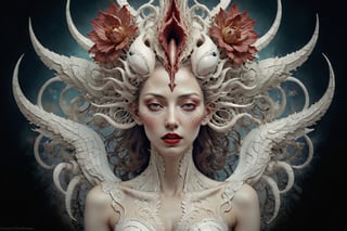 symmetrical portrait of surreal abandoned sculpture of white egyptian horus as female queen with a splashing coloration of Alberto Seveso,  covered with white tentacles white flesh white meat on white exoplanet, soft bloom, dream - like heavy mysterious atmosphere, in the wastelands,  baroque landscape, perfect composition, beautiful detailed intricate insanely detailed octane, unreal engine 5, 8k artistic photography, photo realistic, soft natural volumetric cinematic perfect light, chiaroscuro, award - winning photography,  ((tsutomu nihei,  Bastien Lecouffe Deharme,  iris van herpen and wangechi Mutu)),  art forms of nature by ernst haeckel,  art nouveau,  symbolist,  Kinetic Art,  visionary,  gothic,  (((ancient mythical being:1.4))),  neo - gothic,  pre - raphaelite,  fractal lace,  intricate mythical botanical,  ai biodiversity,  surrealism,  hyper detailed ultra sharp octane render,  (Audrey Kawasaki,  Anna Dittmann:1.4),  known for their captivating and atmospheric pieces. The overall effect of the image is ethereal,  as if the woman is enveloped in glowing stardust,  created expertly by artist W. Zelmer. The image is of exceptional quality,  showcasing the fine details and masterful blending of colors, red lips, a wry smile on her face, she is terrifying,FilmGirl, full_body 