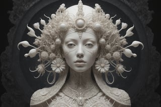 symmetrical portrait of surreal abandoned sculpture of white egyptian horus as female queen with a splashing coloration of Alberto Seveso, covered with white tentacles white flesh white meat on white exoplanet,soft bloom,dream - like heavy mysterious atmosphere,in the wastelands, baroque landscape,perfect composition,beautiful detailed intricate insanely detailed octane,unreal engine 5,8k artistic photography,photo realistic,soft natural volumetric cinematic perfect light,chiaroscuro,award - winning photography tsutomu nihei,  Bastien Lecouffe Deharme,  iris van herpen and wangechi Mutu,  art forms of nature by ernst haeckel,  art nouveau,  symbolist,  Kinetic Art,  visionary,  gothic,  (((Merrow Irish mythical being:1.4))),  neo - gothic,  pre - raphaelite,  fractal lace, intricate mythical botanical,  ai biodiversity,  surrealism,  hyper detailed ultra sharp octane render,  (Audrey Kawasaki,  Anna Dittmann:1.4),  known for their captivating and atmospheric pieces. The overall effect of the image is ethereal,  as if the woman is enveloped in glowing stardust,  created expertly by artist W. Zelmer. The image is of exceptional quality,  showcasing the fine details and masterful blending of colors,