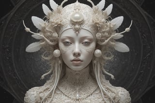 symmetrical portrait of surreal abandoned sculpture of white egyptian horus as female queen with a splashing coloration of Alberto Seveso, covered with white tentacles white flesh white meat on white exoplanet,soft bloom,dream - like heavy mysterious atmosphere,in the wastelands, baroque landscape,perfect composition,beautiful detailed intricate insanely detailed octane,unreal engine 5,8k artistic photography,photo realistic,soft natural volumetric cinematic perfect light,chiaroscuro,award - winning photography, ((tsutomu nihei, Bastien Lecouffe Deharme,  iris van herpen and wangechi Mutu)), art forms of nature by ernst haeckel,  art nouveau,  symbolist,  Kinetic Art,  visionary,  gothic,  (((ancient mythical being:1.4))),  neo - gothic,  pre - raphaelite,  fractal lace, intricate mythical botanical,  ai biodiversity,  surrealism,  hyper detailed ultra sharp octane render,  (Audrey Kawasaki,  Anna Dittmann:1.4),  known for their captivating and atmospheric pieces. The overall effect of the image is ethereal,  as if the woman is enveloped in glowing stardust,  created expertly by artist W. Zelmer. The image is of exceptional quality,  showcasing the fine details and masterful blending of colors,