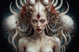 symmetrical portrait of surreal abandoned sculpture of white egyptian horus as female queen with a splashing coloration of Alberto Seveso,  covered with white tentacles white flesh white meat on white exoplanet, soft bloom, dream - like heavy mysterious atmosphere, in the wastelands,  baroque landscape, perfect composition, beautiful detailed intricate insanely detailed octane, unreal engine 5, 8k artistic photography, photo realistic, soft natural volumetric cinematic perfect light, chiaroscuro, award - winning photography,  ((tsutomu nihei,  Bastien Lecouffe Deharme,  iris van herpen and wangechi Mutu)),  art forms of nature by ernst haeckel,  art nouveau,  symbolist,  Kinetic Art,  visionary,  gothic,  (((ancient mythical being:1.4))),  neo - gothic,  pre - raphaelite,  fractal lace,  intricate mythical botanical,  ai biodiversity,  surrealism,  hyper detailed ultra sharp octane render,  (Audrey Kawasaki, Anna Dittmann:1.4),  known for their captivating and atmospheric pieces. The overall effect of the image is ethereal,  as if the woman is enveloped in glowing stardust,  created expertly by artist W. Zelmer. The image is of exceptional quality,  showcasing the fine details and masterful blending of colors, red lips, a wry smile on her face, she is terrifying,FilmGirl, full_body, nsfw 