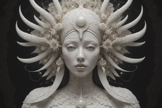 symmetrical portrait of surreal abandoned sculpture of white egyptian horus as female queen with a splashing coloration of Alberto Seveso, covered with white tentacles white flesh white meat on white exoplanet,soft bloom,dream - like heavy mysterious atmosphere,in the wastelands, baroque landscape,perfect composition,beautiful detailed intricate insanely detailed octane,unreal engine 5,8k artistic photography,photo realistic,soft natural volumetric cinematic perfect light,chiaroscuro,award - winning photography tsutomu nihei,  Bastien Lecouffe Deharme,  iris van herpen and wangechi Mutu,  art forms of nature by ernst haeckel,  art nouveau,  symbolist,  Kinetic Art,  visionary,  gothic,  (((Merrow Irish mythical being:1.4))),  neo - gothic,  pre - raphaelite,  fractal lace, intricate mythical botanical,  ai biodiversity,  surrealism,  hyper detailed ultra sharp octane render,  (Audrey Kawasaki,  Anna Dittmann:1.4),  known for their captivating and atmospheric pieces. The overall effect of the image is ethereal,  as if the woman is enveloped in glowing stardust,  created expertly by artist W. Zelmer. The image is of exceptional quality,  showcasing the fine details and masterful blending of colors,