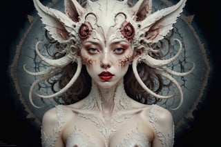 symmetrical portrait of surreal abandoned sculpture of white inuit adlet a Vampiric dog-human hybrid as female queen with a splashing coloration of Alberto Seveso,  covered with white tentacles white flesh white meat on white exoplanet, soft bloom, dream - like heavy mysterious atmosphere, in the wastelands,  baroque landscape, perfect composition, beautiful detailed intricate insanely detailed octane, unreal engine 5, 8k artistic photography, photo realistic, soft natural volumetric cinematic perfect light, chiaroscuro, award - winning photography,  ((tsutomu nihei,  Bastien Lecouffe Deharme,  iris van herpen and wangechi Mutu)),  art forms of nature by ernst haeckel,  art nouveau,  symbolist,  Kinetic Art,  visionary,  gothic,  (((ancient mythical being:1.4))),  neo - gothic,  pre - raphaelite,  fractal lace,  intricate mythical botanical,  ai biodiversity,  surrealism,  hyper detailed ultra sharp octane render,  (Audrey Kawasaki, Anna Dittmann:1.4),  known for their captivating and atmospheric pieces. The overall effect of the image is ethereal,  as if the woman is enveloped in glowing stardust,  created expertly by artist W. Zelmer. The image is of exceptional quality,  showcasing the fine details and masterful blending of colors, red lips, a wry smile on her face, she is terrifying,FilmGirl, full_body, nsfw 