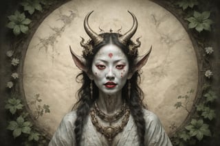 symmetrical portrait of surreal abandoned sculpture of white japanese female Tengu (with a splashing coloration of Alberto Seveso and Basil Gogos), ((Wild crazy long hair)), dream - like heavy mysterious atmosphere,in an abandoned japanese overgrown shrine, perfect composition,beautiful detailed intricate insanely detailed octane,unreal engine 5,8k artistic photography,photo realistic,soft natural volumetric cinematic perfect light,chiaroscuro,award - winning photography, ((tsutomu nihei, Bastien Lecouffe Deharme,  iris van herpen and wangechi Mutu)), art forms of nature by ernst haeckel,  art nouveau,  symbolist,  Kinetic Art,  visionary,  gothic,  (((ancient japanese mythical being, Tengu with horns and shapr demon teeth:1.4))),  neo - gothic,  pre - raphaelite,  fractal lace, intricate mythical botanical,  ai biodiversity,  surrealism,  hyper detailed ultra sharp octane render,  (Audrey Kawasaki,  Anna Dittmann:1.4),  known for their captivating and atmospheric pieces. The overall effect of the image is ethereal,  as if the woman is enveloped in glowing stardust created expertly by artist W. Zelmer. The image is of exceptional quality,  showcasing the fine details and masterful blending of colors, folklore, ,on parchment