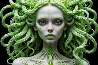 detailed realistic beautiful porcelain skull goddess portrait (neon green radioactive braided hair) by jean delville, gustave dore, iris van herpen and marco mazzoni, art forms of nature by ernst haeckel, art nouveau, symbolist, Kinetic Art, visionary, gothic, ((ghoul)), neo - gothic, pre - raphaelite, fractal lace, intricate alien botanicals, ai biodiversity, surreality, hyperdetailed ultrasharp octane render, (Audrey Kawasaki, Anna Dittmann), known for their captivating and atmospheric pieces. The overall effect of the image is ethereal, as if the woman is enveloped in glowing stardust, created expertly by artist W. Zelmer. The image is of exceptional quality, showcasing the fine details and masterful blending of colors, ((dripping blood, bones, crackling skin, Skulls)), ectoplasm