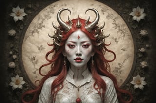 symmetrical portrait of surreal abandoned sculpture of white japanese female stunning sensual Tengu (with a splashing coloration of Alberto Seveso and Basil Gogos), ((Wild crazy long fire red hair)), dream - like heavy mysterious atmosphere,in an abandoned japanese overgrown shrine, perfect composition,beautiful detailed intricate insanely detailed octane,unreal engine 5,8k (artistic photography like Bella Kotak),photo realistic,soft natural volumetric cinematic perfect light,chiaroscuro,award - winning photography, (((tsutomu nihei, Bastien Lecouffe Deharme, iris van herpen and Ayami Kojima))), art forms of nature by ernst haeckel,  art nouveau,  symbolist,  Kinetic Art,  visionary,  gothic,  (((ancient japanese mythical being, crying Tengu with horns:1.4))),  neo - gothic,  pre - raphaelite,  fractal lace, intricate mythical botanical,  ai biodiversity,  surrealism,  hyper detailed ultra sharp octane render,  (Audrey Kawasaki,  Anna Dittmann:1.4),  known for their captivating and atmospheric pieces. The overall effect of the image is ethereal,  as if the woman is enveloped in glowing stardust created expertly by artist W. Zelmer. The image is of exceptional quality,  showcasing the fine details and masterful blending of colors, folklore, ,on parchment, Chinese Ghost Story, ((luminescence, iridescent effect:1.3)), (((nsfw, big breasts:1.4)))