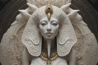 symmetrical portrait of surreal abandoned sculpture of white egyptian horus as female queen with a splashing coloration of Alberto Seveso, covered with white tentacles white flesh white meat on white exoplanet,soft bloom,dream - like heavy mysterious atmosphere,in the wastelands, baroque landscape,perfect composition,beautiful detailed intricate insanely detailed octane,unreal engine 5,8k artistic photography,photo realistic,soft natural volumetric cinematic perfect light,chiaroscuro,award - winning photography, ((tsutomu nihei, Bastien Lecouffe Deharme,  iris van herpen and wangechi Mutu)), art forms of nature by ernst haeckel,  art nouveau,  symbolist,  Kinetic Art,  visionary,  gothic,  (((Horus egyptian mythical being:1.4))),  neo - gothic,  pre - raphaelite,  fractal lace, intricate mythical botanical,  ai biodiversity,  surrealism,  hyper detailed ultra sharp octane render,  (Audrey Kawasaki,  Anna Dittmann:1.4),  known for their captivating and atmospheric pieces. The overall effect of the image is ethereal,  as if the woman is enveloped in glowing stardust,  created expertly by artist W. Zelmer. The image is of exceptional quality,  showcasing the fine details and masterful blending of colors,