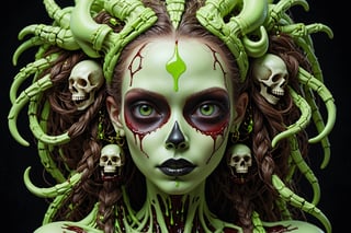 detailed realistic beautiful porcelain skull goddess portrait (neon green radioactive braided hair, dark brown skin) by tsutomu nihei, peter gric, iris van herpen and wangechi Mutu, art forms of nature by ernst haeckel, art nouveau, symbolist, Kinetic Art, visionary, gothic, ((ghoul)), neo - gothic, pre - raphaelite, fractal lace, intricate alien botanicals, ai biodiversity, surreality, hyperdetailed ultrasharp octane render, (Audrey Kawasaki, Anna Dittmann), known for their captivating and atmospheric pieces. The overall effect of the image is ethereal, as if the woman is enveloped in glowing stardust, created expertly by artist W. Zelmer. The image is of exceptional quality, showcasing the fine details and masterful blending of colors, ((dripping blood, bones, crackling skin, Skulls)), ectoplasm, more skulls:1.4