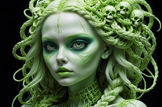 detailed realistic beautiful porcelain skull goddess portrait (neon green radioactive braided hair) by jean delville, gustave dore, iris van herpen and marco mazzoni, art forms of nature by ernst haeckel, art nouveau, symbolist, Kinetic Art, visionary, gothic, ((ghoul)), neo - gothic, pre - raphaelite, fractal lace, intricate alien botanicals, ai biodiversity, surreality, hyperdetailed ultrasharp octane render, (Audrey Kawasaki, Anna Dittmann), known for their captivating and atmospheric pieces. The overall effect of the image is ethereal, as if the woman is enveloped in glowing stardust, created expertly by artist W. Zelmer. The image is of exceptional quality, showcasing the fine details and masterful blending of colors, ((dripping blood, bones, crackling skin, Skulls)), ectoplasm, more skulls:1.4