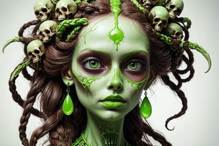 detailed realistic beautiful porcelain skull goddess portrait (neon green radioactive braided hair, dark brown skin) by jean delville, gustave dore, iris van herpen and marco mazzoni, art forms of nature by ernst haeckel, art nouveau, symbolist, Kinetic Art, visionary, gothic, ((ghoul)), neo - gothic, pre - raphaelite, fractal lace, intricate alien botanicals, ai biodiversity, surreality, hyperdetailed ultrasharp octane render, (Audrey Kawasaki, Anna Dittmann), known for their captivating and atmospheric pieces. The overall effect of the image is ethereal, as if the woman is enveloped in glowing stardust, created expertly by artist W. Zelmer. The image is of exceptional quality, showcasing the fine details and masterful blending of colors, ((dripping blood, bones, crackling skin, Skulls)), ectoplasm, more skulls:1.4