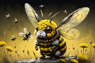  a creature that combines the delicate beauty of a bee with the cuteness of a bunny and a zombie (style of Jean Baptiste Monge). Its wings are made of shimmering chitin,  and its body is adorned with bold yellow and black stripes. It is flying through a surreal landscape,  reminiscent of Tim Burton's twisted imagination,  with Blowballs (dandelion blowballs:1.4) that seem to be straight out of a dream. (yellow black stripes:1.4),  (bunny eas and bee transparent chitin wings:1.4),  (photo HDR 8K) , painting magic,  (splendid environment of tensor art),  perfect contrast,  (correct sharp photorealistic environment),  (highly detailed bacgroung),  detailed,  (masterpiece,  best quality:1.3) chuppy_fat:2,  looking viewer,  (Ultrasharp,  8k,  detailed,  ink art,  stunning,  vray tracing,  style raw,  unreal engine),  High detailed,  Color magic,  Saturated colors,  game icon,