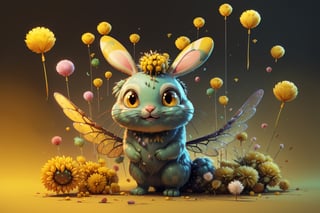 Imagine a creature that combines the delicate beauty of a bee with the cuteness of a bunny. Its wings are made of shimmering chitin, and its body is adorned with bold yellow and black stripes. It is flying through a surreal landscape, reminiscent of Tim Burton's twisted imagination, with Blowballs (dandelion blowballs:1.4) that seem to be straight out of a dream. (yellow black stripes:1.4), (bunny eas and bee transparent chitin wings:1.4), (photo HDR 8K) ,painting magic,  (splendid environment of tensor art),  perfect contrast,  (correct sharp photorealistic environment),  (highly detailed bacgroung),  detailed,  (masterpiece,  best quality:1.3) chuppy_fat:2,  looking viewer,  (Ultrasharp,  8k,  detailed,  ink art,  stunning,  vray tracing,  style raw,  unreal engine),  High detailed , Color magic,  Saturated colors,  game icon