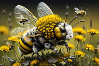  a creature that combines the delicate beauty of a bee with the cuteness of a bunny and a zombie (style of Jean Baptiste Monge). Its wings are made of shimmering chitin,  and its body is adorned with bold yellow and black stripes. It is flying through a surreal landscape,  reminiscent of Tim Burton's twisted imagination,  with Blowballs (dandelion blowballs:1.4) that seem to be straight out of a dream. (yellow black stripes:1.4),  (bunny eas and bee transparent chitin wings:1.4),  (photo HDR 8K) , painting magic,  (splendid environment of tensor art),  perfect contrast,  (correct sharp photorealistic environment),  (highly detailed bacgroung),  detailed,  (masterpiece,  best quality:1.3) chuppy_fat:2,  looking viewer,  (Ultrasharp,  8k,  detailed,  ink art,  stunning,  vray tracing,  style raw,  unreal engine),  High detailed,  Color magic,  Saturated colors,  game icon,