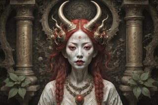 symmetrical portrait of surreal abandoned sculpture of white japanese female stunning sensual Tengu (with a splashing coloration of Alberto Seveso and Basil Gogos), ((Wild crazy long fire red hair)), dream - like heavy mysterious atmosphere,in an abandoned japanese overgrown shrine, perfect composition,beautiful detailed intricate insanely detailed octane,unreal engine 5,8k artistic photography,photo realistic,soft natural volumetric cinematic perfect light,chiaroscuro,award - winning photography, ((tsutomu nihei, Bastien Lecouffe Deharme,  iris van herpen and wangechi Mutu)), art forms of nature by ernst haeckel,  art nouveau,  symbolist,  Kinetic Art,  visionary,  gothic,  (((ancient japanese mythical being, Tengu with horns:1.4))),  neo - gothic,  pre - raphaelite,  fractal lace, intricate mythical botanical,  ai biodiversity,  surrealism,  hyper detailed ultra sharp octane render,  (Audrey Kawasaki,  Anna Dittmann:1.4),  known for their captivating and atmospheric pieces. The overall effect of the image is ethereal,  as if the woman is enveloped in glowing stardust created expertly by artist W. Zelmer. The image is of exceptional quality,  showcasing the fine details and masterful blending of colors, folklore, ,on parchment