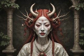 symmetrical portrait of surreal abandoned sculpture of white japanese female stunning sensual Tengu (with a splashing coloration of Alberto Seveso and Basil Gogos), ((Wild crazy long fire red hair)), dream - like heavy mysterious atmosphere,in an abandoned japanese overgrown shrine, perfect composition,beautiful detailed intricate insanely detailed octane,unreal engine 5,8k artistic photography,photo realistic,soft natural volumetric cinematic perfect light,chiaroscuro,award - winning photography, (((tsutomu nihei, Bastien Lecouffe Deharme,  iris van herpen and Ayami Kojima))), art forms of nature by ernst haeckel,  art nouveau,  symbolist,  Kinetic Art,  visionary,  gothic,  (((ancient japanese mythical being, crying Tengu with horns:1.4))),  neo - gothic,  pre - raphaelite,  fractal lace, intricate mythical botanical,  ai biodiversity,  surrealism,  hyper detailed ultra sharp octane render,  (Audrey Kawasaki,  Anna Dittmann:1.4),  known for their captivating and atmospheric pieces. The overall effect of the image is ethereal,  as if the woman is enveloped in glowing stardust created expertly by artist W. Zelmer. The image is of exceptional quality,  showcasing the fine details and masterful blending of colors, folklore, ,on parchment, Chinese Ghost Story, ((luminescence, iridescent effect))