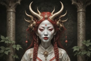 symmetrical portrait of surreal abandoned sculpture of white japanese female stunning sensual Tengu (with a splashing coloration of Alberto Seveso and Basil Gogos), ((Wild crazy long fire red hair)), dream - like heavy mysterious atmosphere,in an abandoned japanese overgrown shrine, perfect composition,beautiful detailed intricate insanely detailed octane,unreal engine 5,8k artistic photography,photo realistic,soft natural volumetric cinematic perfect light,chiaroscuro,award - winning photography, (((tsutomu nihei, Bastien Lecouffe Deharme,  iris van herpen and Ayami Kojima))), art forms of nature by ernst haeckel,  art nouveau,  symbolist,  Kinetic Art,  visionary,  gothic,  (((ancient japanese mythical being, crying Tengu with horns:1.4))),  neo - gothic,  pre - raphaelite,  fractal lace, intricate mythical botanical,  ai biodiversity,  surrealism,  hyper detailed ultra sharp octane render,  (Audrey Kawasaki,  Anna Dittmann:1.4),  known for their captivating and atmospheric pieces. The overall effect of the image is ethereal,  as if the woman is enveloped in glowing stardust created expertly by artist W. Zelmer. The image is of exceptional quality,  showcasing the fine details and masterful blending of colors, folklore, ,on parchment, Chinese Ghost Story, ((luminescence, iridescent effect))