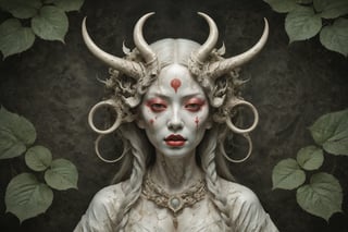 symmetrical portrait of surreal abandoned sculpture of white japanese female stunning sensual Tengu (with a splashing coloration of Alberto Seveso and Basil Gogos), ((Wild crazy long white hair)), dream - like heavy mysterious atmosphere,in an abandoned japanese overgrown shrine, perfect composition,beautiful detailed intricate insanely detailed octane,unreal engine 5,8k artistic photography,photo realistic,soft natural volumetric cinematic perfect light,chiaroscuro,award - winning photography, ((tsutomu nihei, Bastien Lecouffe Deharme,  iris van herpen and wangechi Mutu)), art forms of nature by ernst haeckel,  art nouveau,  symbolist,  Kinetic Art,  visionary,  gothic,  (((ancient japanese mythical being, Tengu with horns:1.4))),  neo - gothic,  pre - raphaelite,  fractal lace, intricate mythical botanical,  ai biodiversity,  surrealism,  hyper detailed ultra sharp octane render,  (Audrey Kawasaki,  Anna Dittmann:1.4),  known for their captivating and atmospheric pieces. The overall effect of the image is ethereal,  as if the woman is enveloped in glowing stardust created expertly by artist W. Zelmer. The image is of exceptional quality,  showcasing the fine details and masterful blending of colors, folklore, ,on parchment