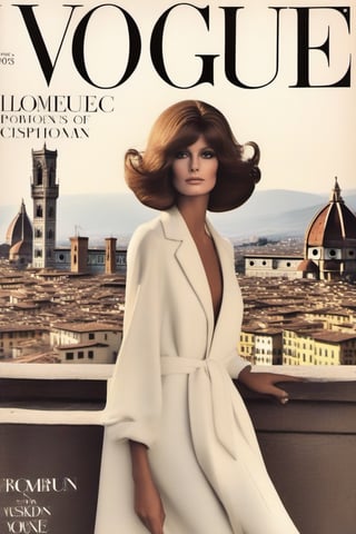 70s-style Vogue cover, with an elegant model. The model should have a typical 70s look, with hair and makeup in the style of the era. The background is black and white and portrays the city of Florence, with its iconic monuments and streets. The image should capture the elegance and charm of 70s fashion, combining the glamor of the model with the historic atmosphere of Florence.