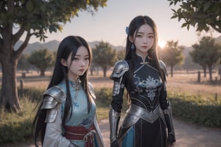 generate a beauty stand under a tree, long black straight hair, light_blue_eyes, chinese armour, best quality, masterpiece, realistic, 8k, sunset behind,cinematic light