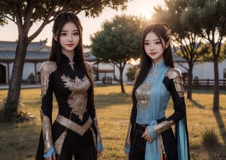 generate a beauty stand under a tree, long black straight hair, light_blue_eyes, chinese armour, best quality, masterpiece, realistic, 8k, sunset behind