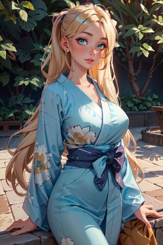 (masterpiece, best quality, hires, high resolution: 1.2), extremely detailed, 18yo,  realistic, 1 girl, slight smile, blushing, mint eyes, sunlight, light body, waist, huge breasts ,long hair, twin_tails, very_long_hair ,blond_hair, blonde, blue_eyes,   kimono,  yukata