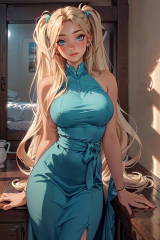 (masterpiece, best quality, hires, high resolution: 1.2), extremely detailed, 18yo,  realistic, 1 girl, slight smile, blushing, mint eyes, sunlight, light body, waist, huge breasts ,long hair, twin_tails, very_long_hair ,blond_hair, blonde, blue_eyes, dress, long dress, 