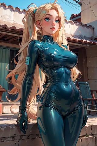 (masterpiece, best quality, hires, high resolution: 1.2), extremely detailed, 18yo,  realistic, 1 girl, slight smile, blushing, mint eyes, sunlight, light body, waist, huge breasts ,long hair, twin_tails, very_long_hair ,blond_hair, blonde, blue_eyes, latex, latex_suit