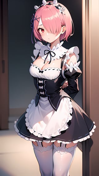 ram1, 1girl, solo, ram \(re:zero\), pink hair, white thighhighs, short hair, red eyes, hair over one eye, ribbon trim, hair ribbon, x hair ornament, frills, maid headdress, waist apron, garter straps, black ribbon, medium breasts, long sleeves, white apron, neck ribbon, purple ribbon, wide sleeves, hair flower.cleavage.arms behind back.better_hands.
