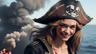 smiling woman with pirate hat fight marks blood from battle background with smoke