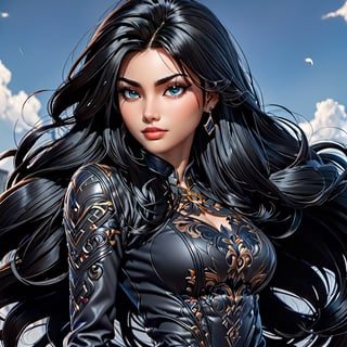 
Intricate image of a beautiful girl with flowing black hair, work of beauty and complexity, hyper-detailed facial features, 8k UHD, close-up, ((joe madureira style))comic.black suit