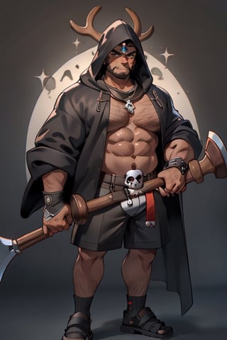 
high quality large man with executioner hood, (4k high quality details), black hood with a skull in the center made of animal skin, in shorts with wristband with picho in his hand holding a giant ax with a diamond in the center .greasy brown1.3,
