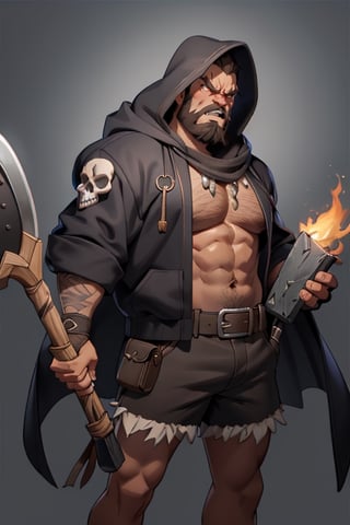 high quality large man with executioner hood, (4k high quality details), black hood with a skull in the center made of animal skin, in shorts with wristband with picho in his hand holding a giant ax with a diamond in the center .greasy brown1.3 (the face shows hatred, a lot of beard, big and angry eyes)