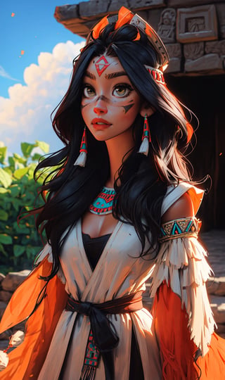 medium close up, visible up to the waist
, Aztec woman, medium breast, Aztec traditional long colorful dress, shining smaragd jewelery, Aztec headdress, bright glowing caramel eyes, black hair,, facial marks, standing before an aztec temple in a jungle as backround, athletic, volumetric lighting, best quality, masterpiece, realistic, vibrant colors,