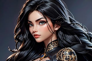 
Intricate image of a beautiful girl with flowing black hair, work of beauty and complexity, hyper-detailed facial features, 8k UHD, close-up, ((joe madureira style))comic.black suit