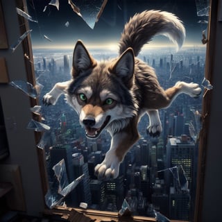 ((masterpiece, best quality:1.4)), bokeh, fluffy, 3d,
solo, looking at viewer, feral, wolf, full body, broken glass, screaming, 
light brown fur, green eyes,
long tail,
tokyo \(city\), city, city lights, night,
outdoors, 
((((falling out the window))))
