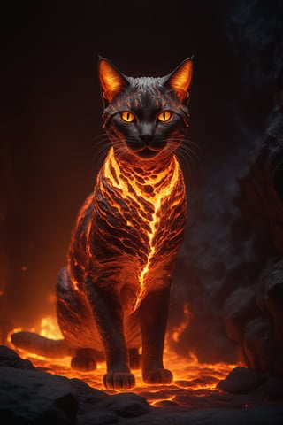 Cat entirely made from fire and lava, fire elemental, magical, cavern, dark, mystical, Cinematic lighting, Textured and detailed cavern floor and walls