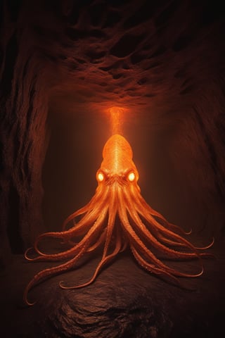 Giant squid entirely made from fire and lava, fire elemental, magical, cavern, dark, mystical, Cinematic lighting, Textured and detailed cavern floor and walls