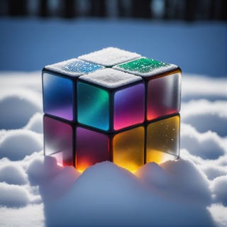 analog raw photo of a rubick's cube made of glass laying in snow, haze lighting, winter, 35mm, 8k, UHD, masterpiece akthahtka, Ultra-HD-details, true to life, HDR image, High detail resolution, high detailed cloth, cinematic lighting, realistic, sharp focus, (very detailed), ((4K HQ)), depth of field, f/1.2, Leica, 8K HDR, High contrast, bokeh, realistic shadows, vignette, epic, . Eerie, unsettling, dark, spooky, suspenseful, grim, highly detailed
