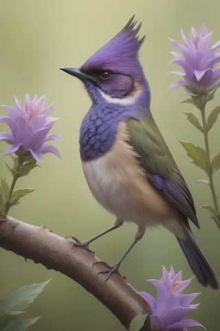 solo, brown eyes, full body, flower, outdoors, blurry, no humans, bird, animal, leaf, plant, single horn, realistic, purple flower, branch, animal focus, beak, Hyper detailed, analog style, realistic, masterpiece, best quality, ultra realistic, 8k, Intricate, High Detail, film photography, soft lighting, heavy shadow Tom Bagshaw, Casey Baugh, and Helene Beland, in the style of Eric Canete, Alan Lee and Todd McFarlane, in the style of realism, emotional and dramatic scenes, Style of Kriengin, Brandon Wolfel, sharp focus, style of Jay Anacleto, Esao Andrews, photo-realism,(2\3 rule composition:0.5), 