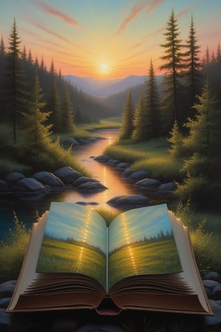 soft rustle of the sunset, extremely detailed oil painting, an oil painting, american scene painting, old book style illustration,  lush, mysterious, bioluminescent, serene, digital mirrorless camera, capturing the vibrant colors and unique textures of the environments