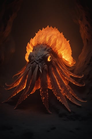 CUTTLEFISH entirely made from fire and lava, fire elemental, magical, cavern, dark, mystical, Cinematic lighting, Textured and detailed cavern floor and walls