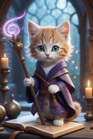 An enchanting image featuring an adorable kitten mage wearing intricate ancient robes, holding an ancient staff, hard at work in her fantastical workshop, intricate runic symbols swirling around her, it's clear that she's busy casting a powerful spell. Her fluffy tail sways gently as she concentrates on the task at hand, adding to the whimsical atmosphere of this magical scene. The soft lighting and detailed surroundings create an immersive environment where imagination runs wild. This charming artwork is sure to delight fans of both kittens and fantasy worlds alike, transporting them into a realm filled with wonder and possibility, hyper-detailed, high quality visuals, dim Lighting, ultra-realistic, sharply focused, octane render, 8k UHD