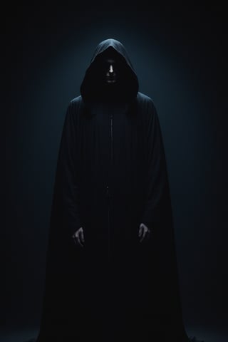 Man in black robe standing in darkness, album cover, by Balázs Diószegi, tumblr, horror gothic art, veil, moonless night, darkness, dark and muted colors, caretaker, faceless, dark background