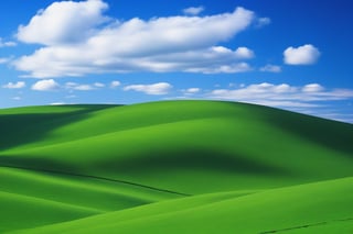 microsoft windows xp wallpaper, Bucolic Green Hills, unedited photograph of a green hill and blue sky with white clouds, Charles O'Rear photograph, epic, gorgeous, vivid colors, bright image
