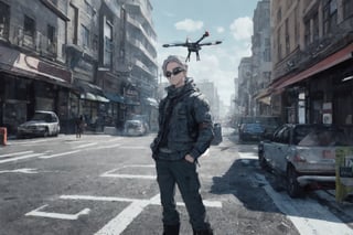 piloto de drone, masculino latino. de pie,joysticken,  vestido con jacket gris, sueter azul, pantalon gris militar, botas de trabajo, (lentes:1.5), 1 drone pequeño. 8k, pantalones grises,  ciudad en fondo.
,z1l4,l3min,ff14bg