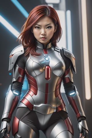 face of a 37 year old Asian woman,(Asian woman:1.5), Chinese eyes the color of honey chocolates,chocolate eye color, ((Red hair:1.5),normal_breasts, dimples on her cheeks,angry face, small Asian eyes, looking forward, light chocolate color, (LATINA BODY, WIDE HIPS:1.3), futuristic armor on small chests, equipment strap on the waist, gun on the hip, (bodysuit :1.2), (machanical armor gloves:1.3),female cyborg.diverse cybersuits, (mechanical armor leggins:1.2), mechanical, electricity, elaborate detail,armor in cyberpunk style, futuristic robot body, female cyborg.diverse cybersuits battle field, Full shot, low angle camera, Fantasy Color matching. entire plans,