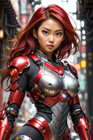 face of a 37 year old Asian woman,(Asian woman:1.5), Chinese eyes the color of honey chocolates,chocolate eye color, ((Red hair:1.5),normal_breasts, dimples on her cheeks,angry face, small Asian eyes, looking forward, light chocolate color, (LATINA BODY, WIDE HIPS:1.3), futuristic armor on small chests, equipment strap on the waist, gun on the hip, (bodysuit :1.2), (machanical armor gloves:1.3),female cyborg.diverse cybersuits, (mechanical armor leggins:1.2), mechanical, electricity, elaborate detail,armor in cyberpunk style, futuristic robot body, female cyborg.diverse cybersuits battle field, Full shot, low angle camera, Fantasy Color matching. entire plans,hdsrmr,mecha
